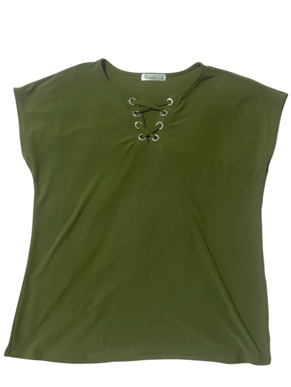 89th & Madison Olive Green Lace-Up Short Sleeve Top